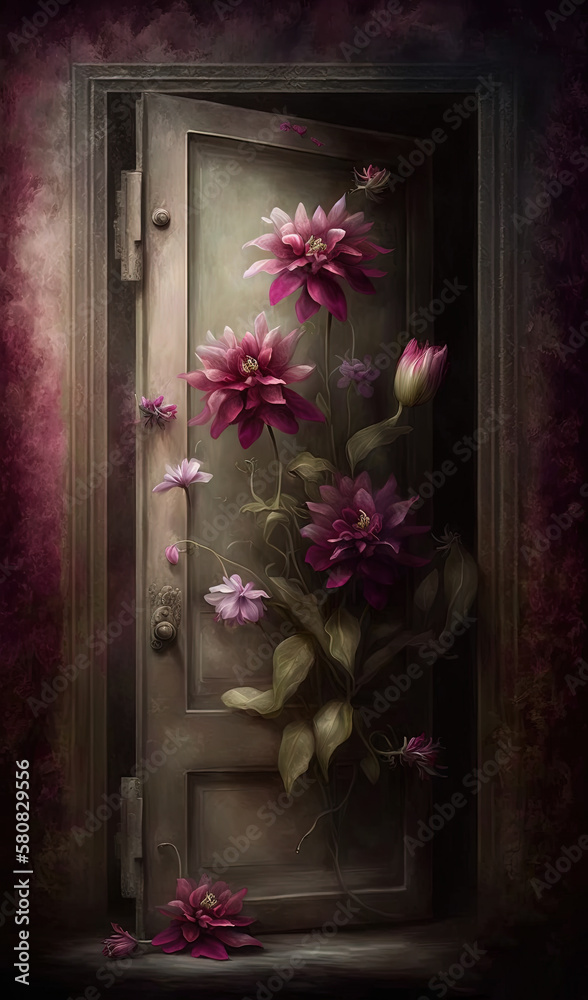  a painting of a door with pink flowers on the door and a purple background with a pink flower on th