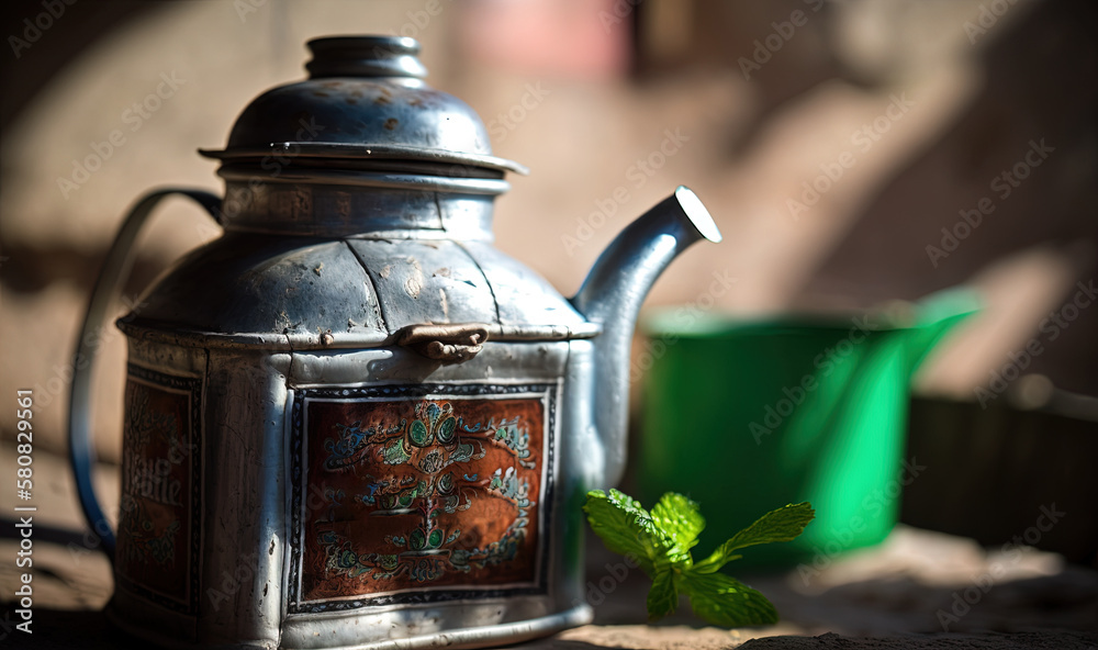  a metal teapot with a green leaf on the side of it and a green bucket in the background with a gree