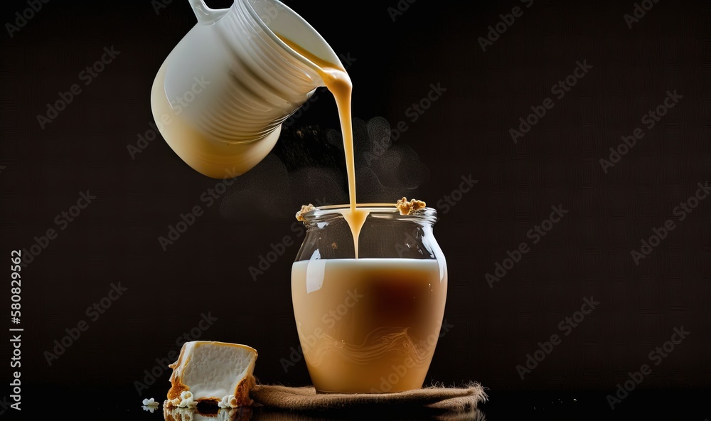  a pitcher pouring honey into a jar of liquid next to a slice of bread on a cloth on a black surface