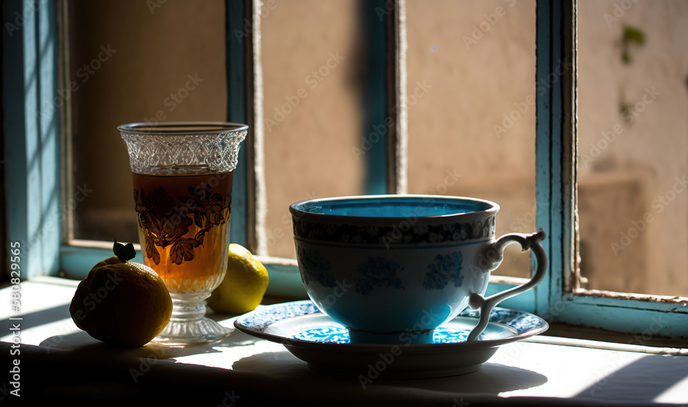  a cup of tea next to a plate with a lemon and a glass of tea on a window sill with a view of the ou