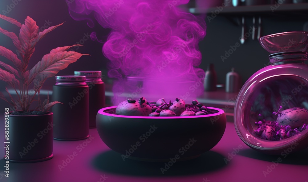  a bowl of rocks and a pot of plants with smoke coming out of the top of the bowl and on the bottom 