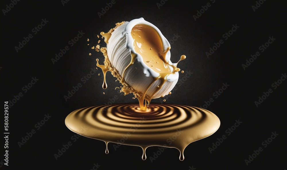  a splash of liquid is being poured onto a chocolate sauce on top of a chocolate saucer on a black b