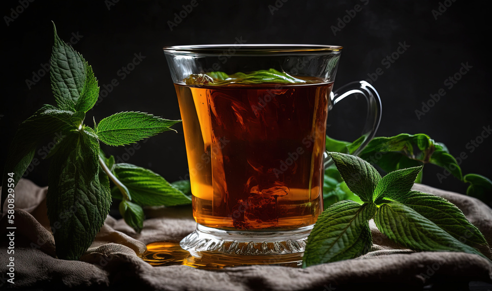  a glass cup of tea with mint leaves on a table cloth next to a cup of tea with a spoon and a spoon 