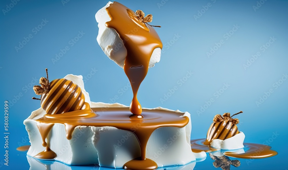  a piece of cake with a melting honey on top of it and a bee on top of it, with a blue background an