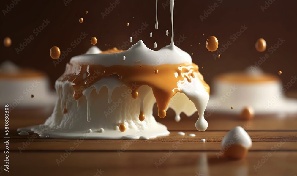  a cake covered in icing and caramel sauce on a wooden table with drops of water coming out of the t