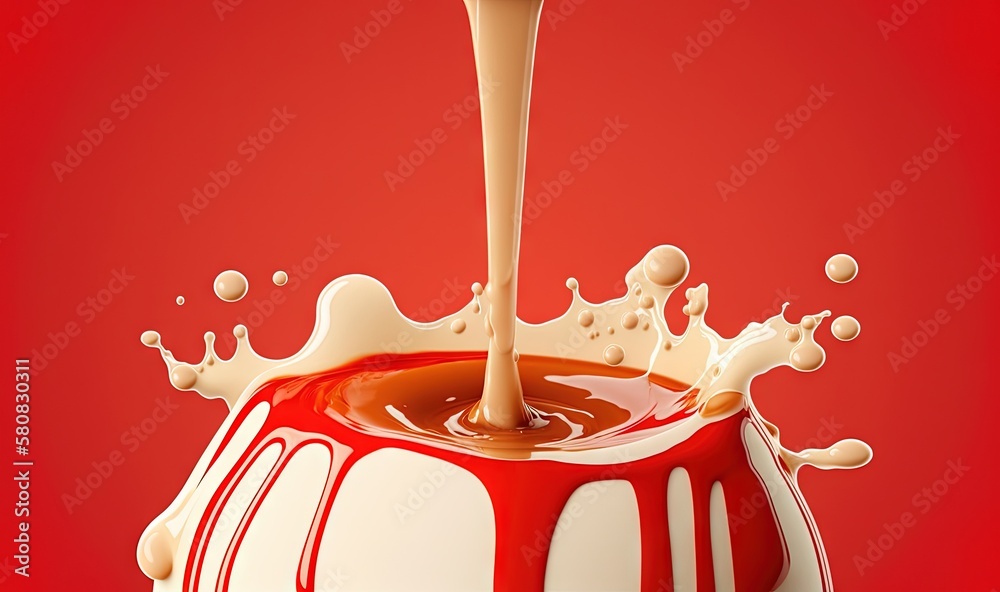  a red and white cake covered in chocolate and cream with a spoon sticking out of the top of the cak