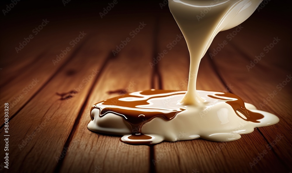  a spoon pouring milk onto a chocolate sauce on a wooden table with a spoon in the middle of the liq