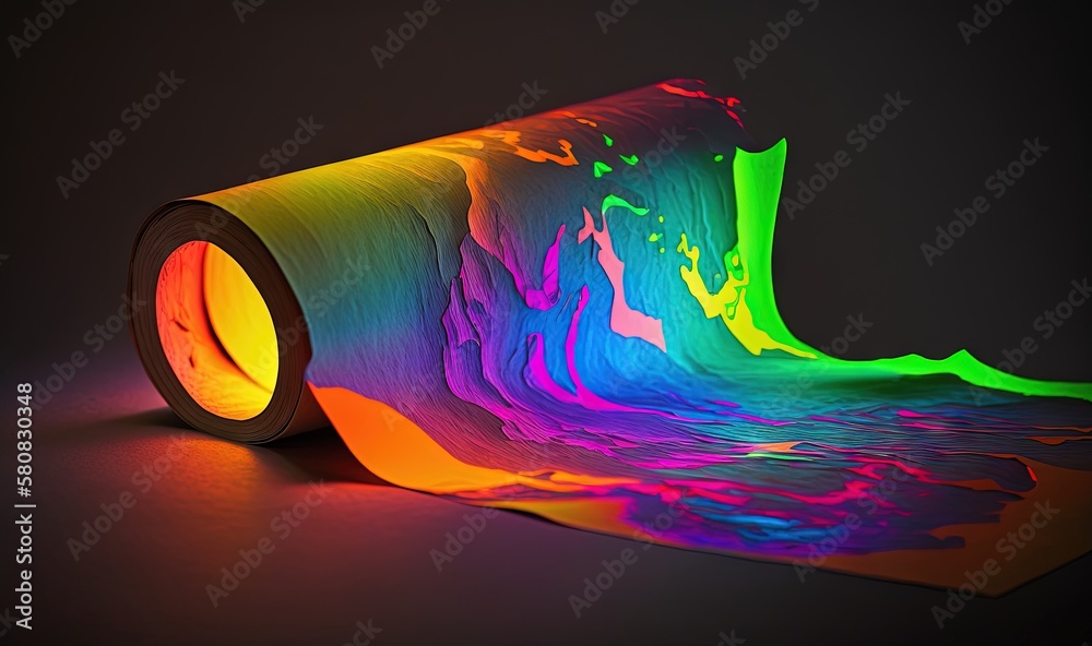  a roll of colored paper on a black background with a rainbow light coming out of the top of it and 