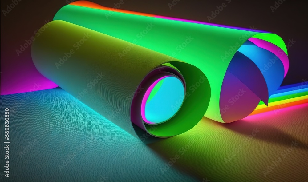  a roll of colored paper sitting on top of a table next to a neon light tube on the floor of a room 