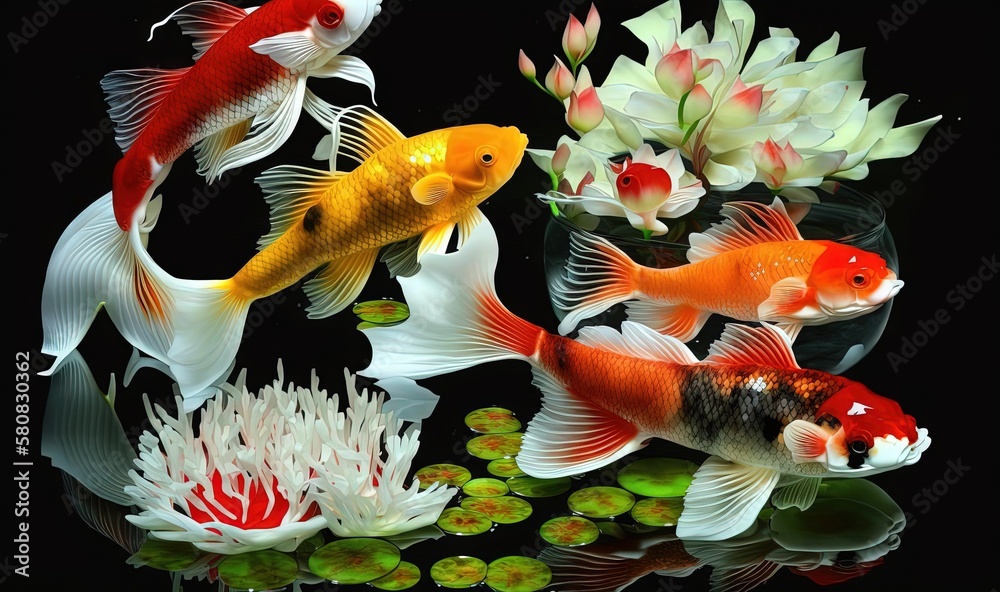  a group of goldfish swimming in a pond of water with lily pads and water lilies in the foreground, 