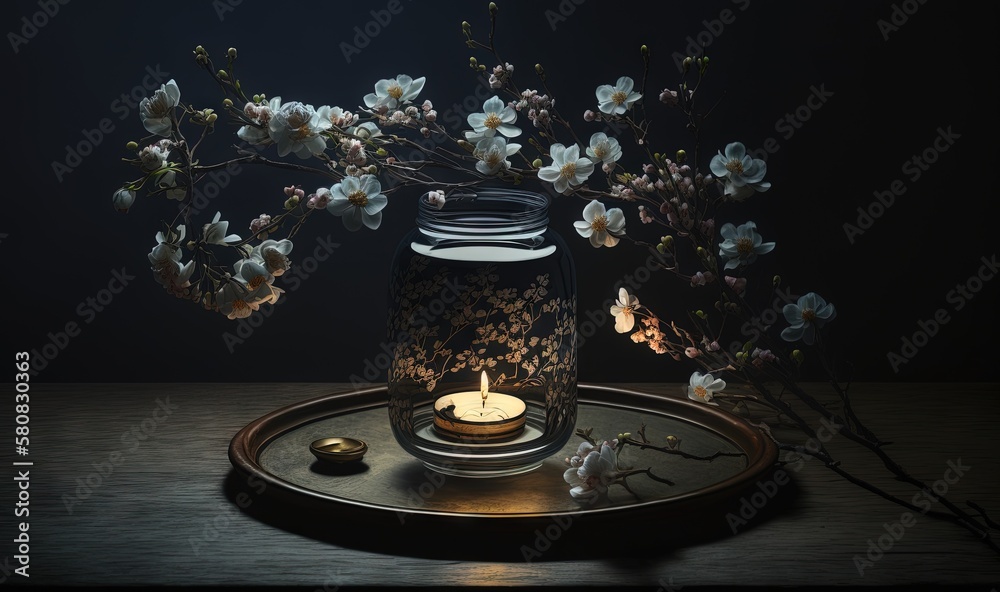  a vase with a candle and some flowers on a tray with a candle holder on it and a candle in the midd