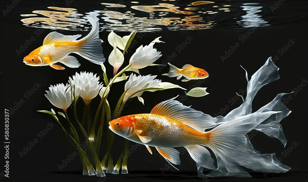  a group of goldfish swimming next to a bunch of white flowers in a black water filled with water bu