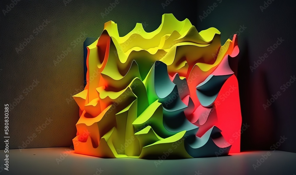  a colorful sculpture is shown on a dark surface with a light shining on its side and the top part 