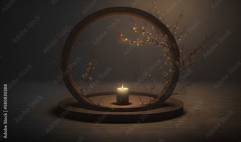  a candle is lit inside of a circular wooden stand with a branch in the middle of it and a candle in