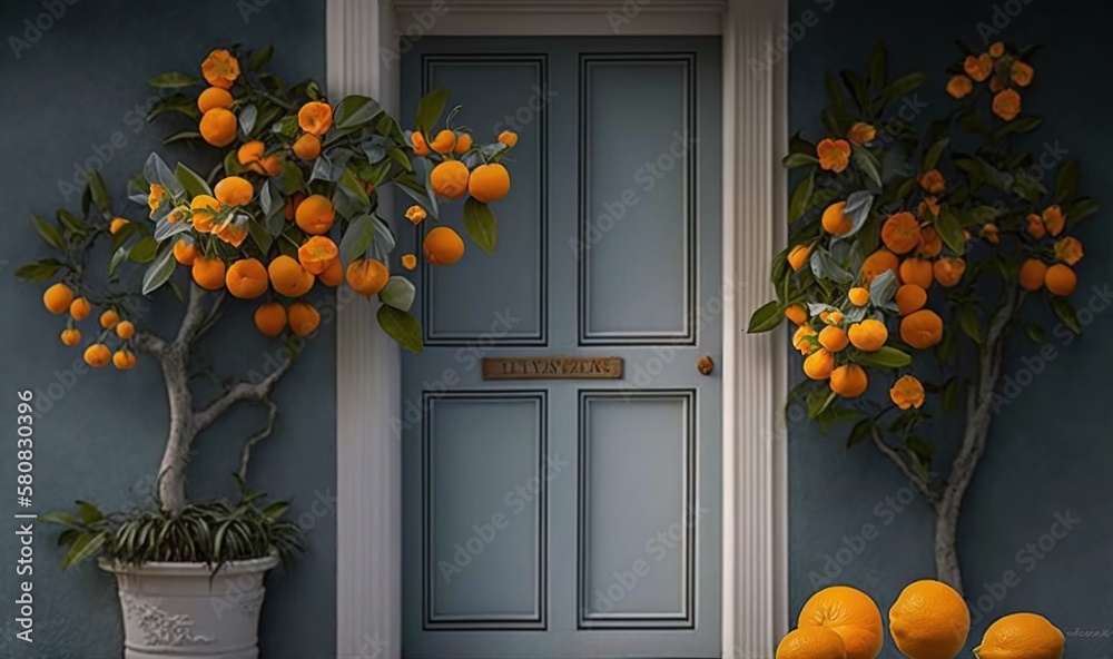  a painting of oranges in front of a door with a potted plant and potted plant on the side of the do