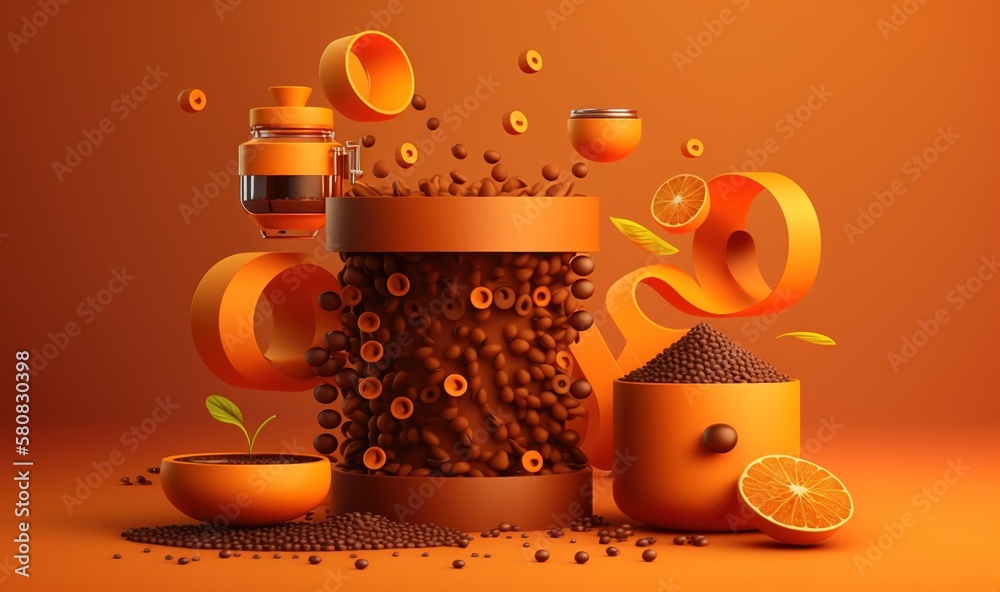  a pile of coffee beans next to a cup of coffee and a orange background with a number of coffee bean