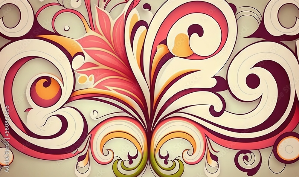  a colorful abstract design with swirls and circles on a white background with a red and yellow flow