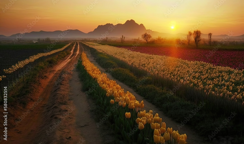  a field of tulips with the sun setting in the background and a dirt road running through the middle