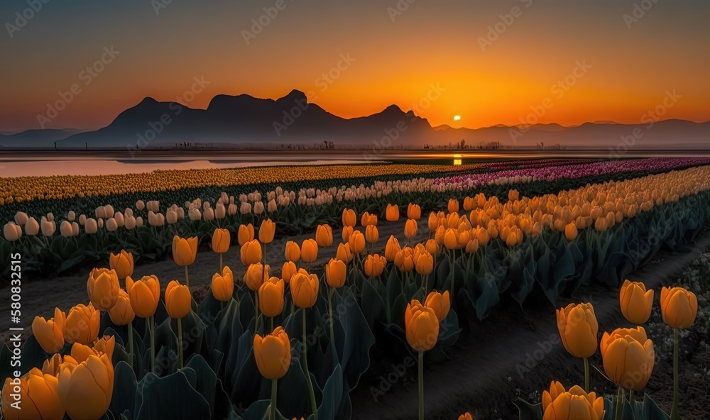  a field of flowers with the sun setting in the background and mountains in the distance, with a bod