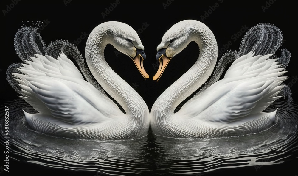  two white swans in the water making a heart shape with their beaks open and their necks touching to