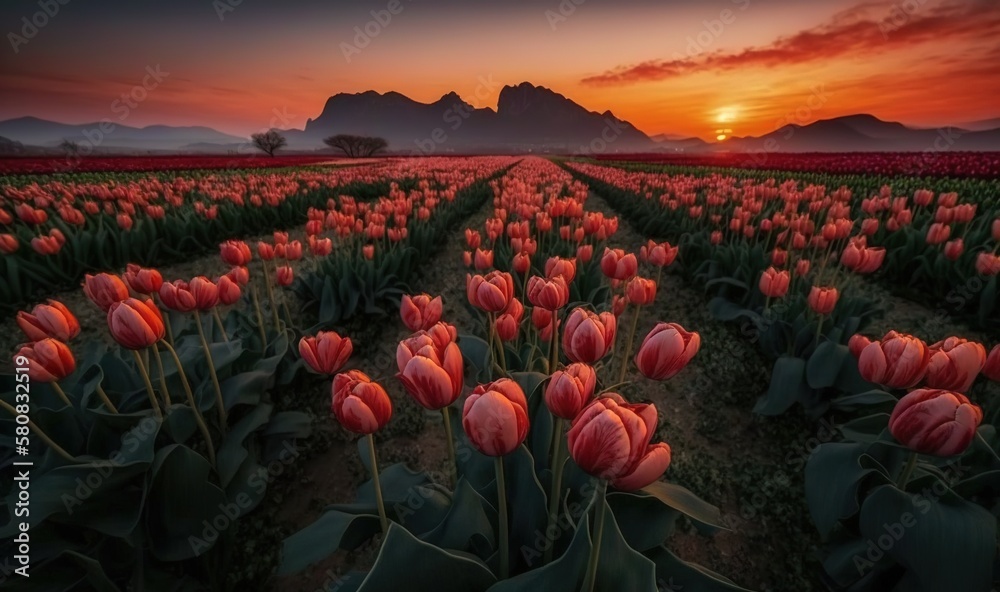  a large field of flowers with a sunset in the background and mountains in the distance with a red s