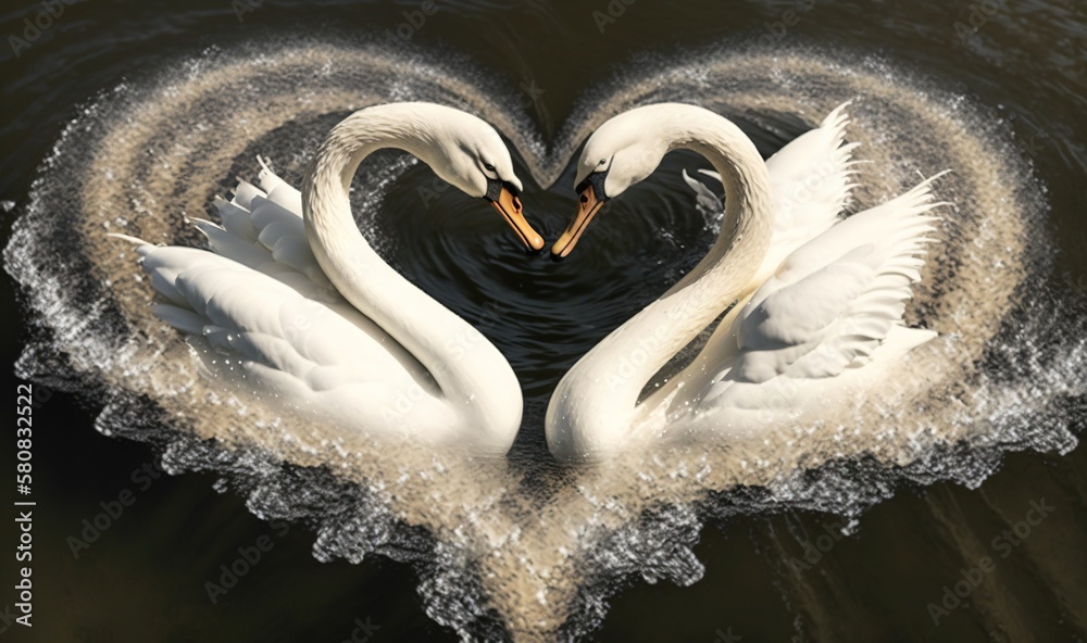  two white swans making a heart shape in the middle of the water with their beaks out and their neck