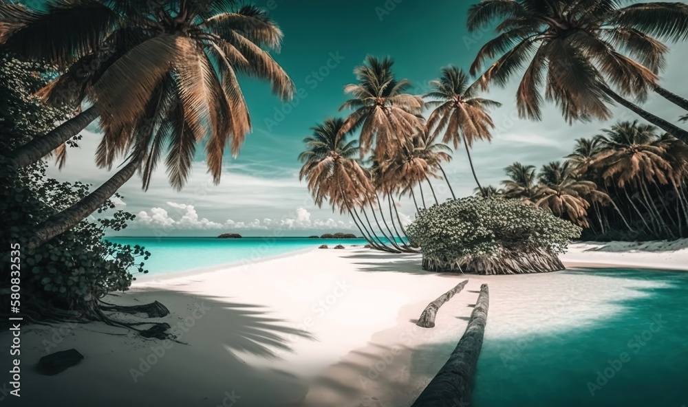  a tropical beach with palm trees and a jetty in the water with a blue sky in the background and a w