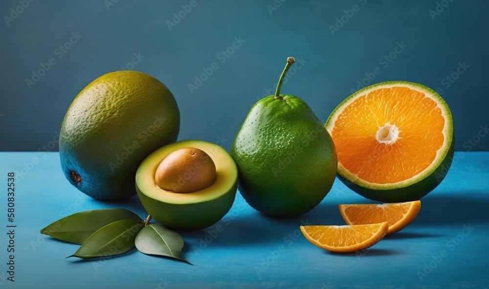  a group of fruit sitting on top of a blue table next to a green apple and an orange on top of a blu