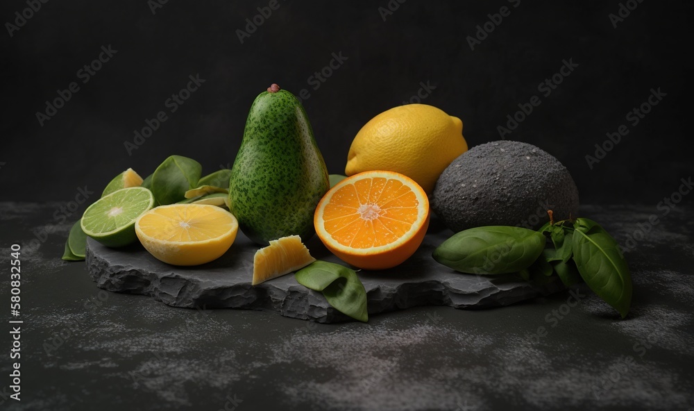  a group of fruit sitting on top of a black table top next to a green leafy plant and oranges and av