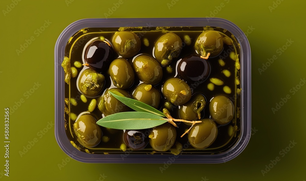  a plastic container filled with green olives and a single olive leaf on top of it, on a green surfa