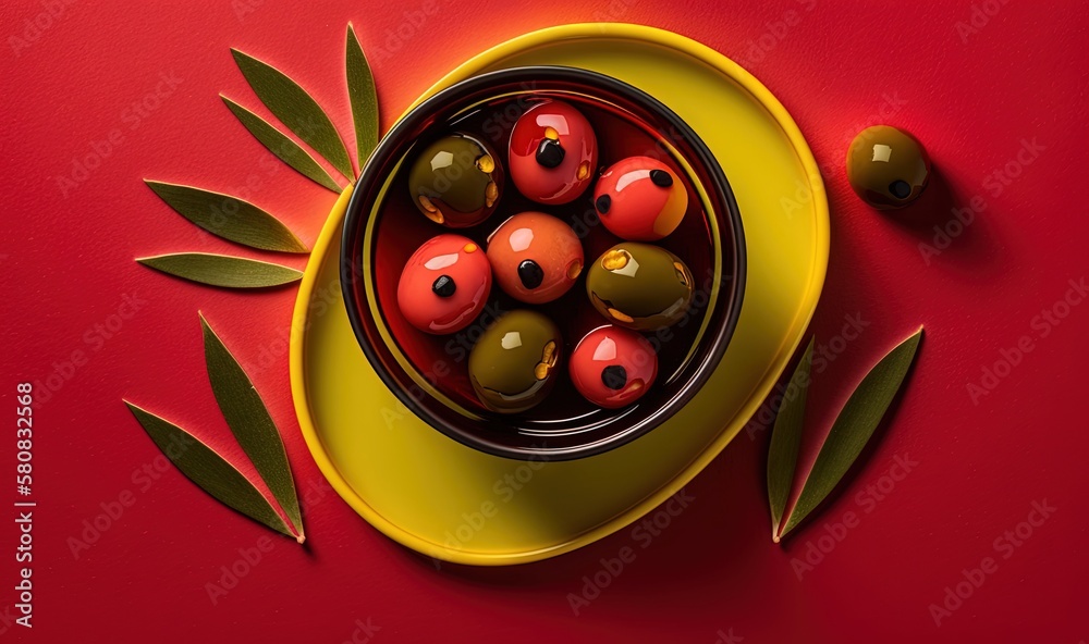  a yellow bowl filled with olives on top of a red tablecloth next to a green leafy plant and a yello