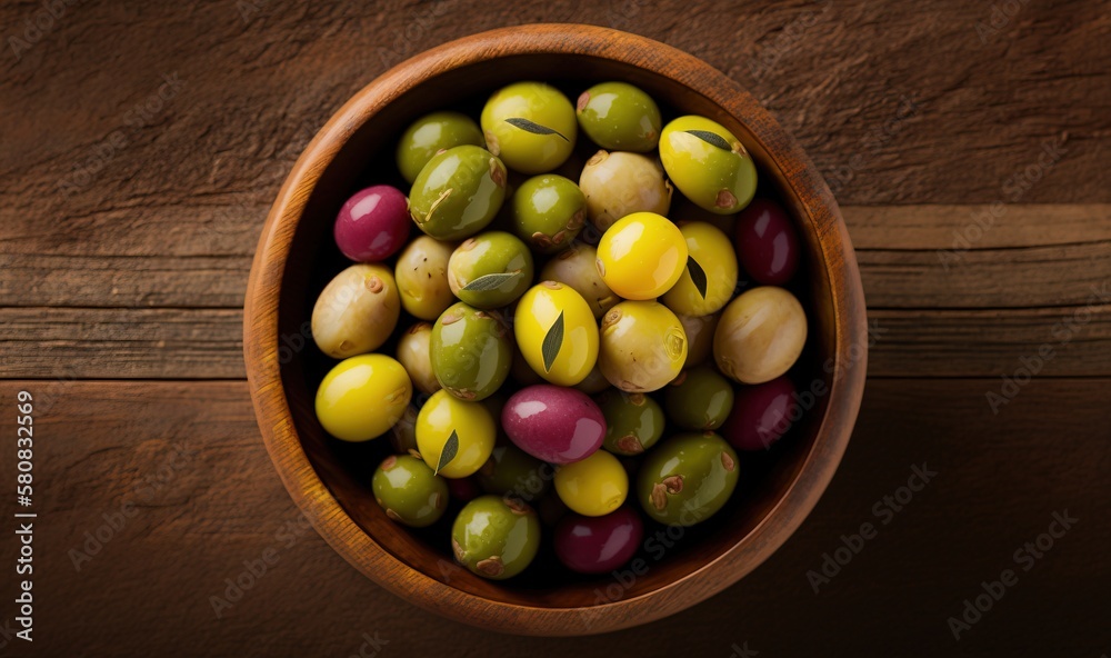  a wooden bowl filled with green and yellow olives on top of a wooden table next to a wooden spoon a