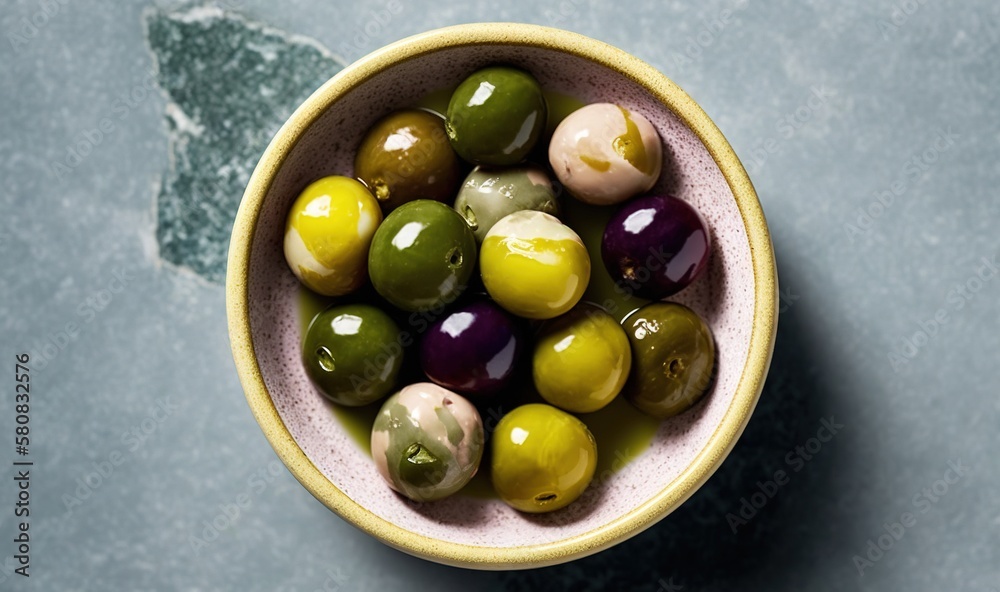  a bowl filled with olives on a blue table top next to a leafy green leafy leafy plant on the side o