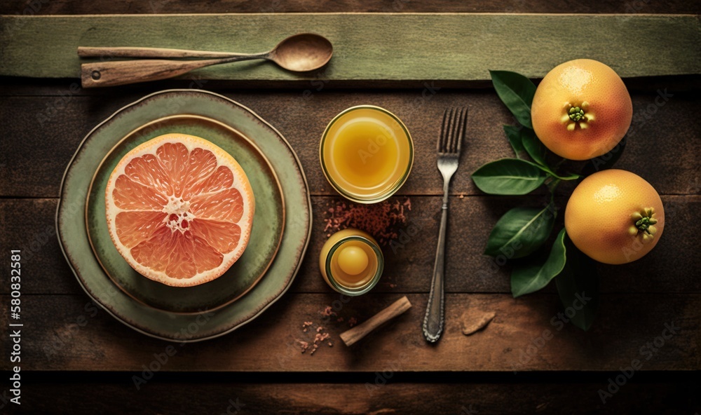  a plate with a grapefruit cut in half and a glass of orange juice on a wooden table with a spoon an