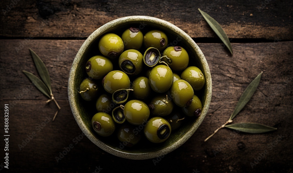  a bowl filled with green olives sitting on top of a wooden table next to an olive leaf and a pair o