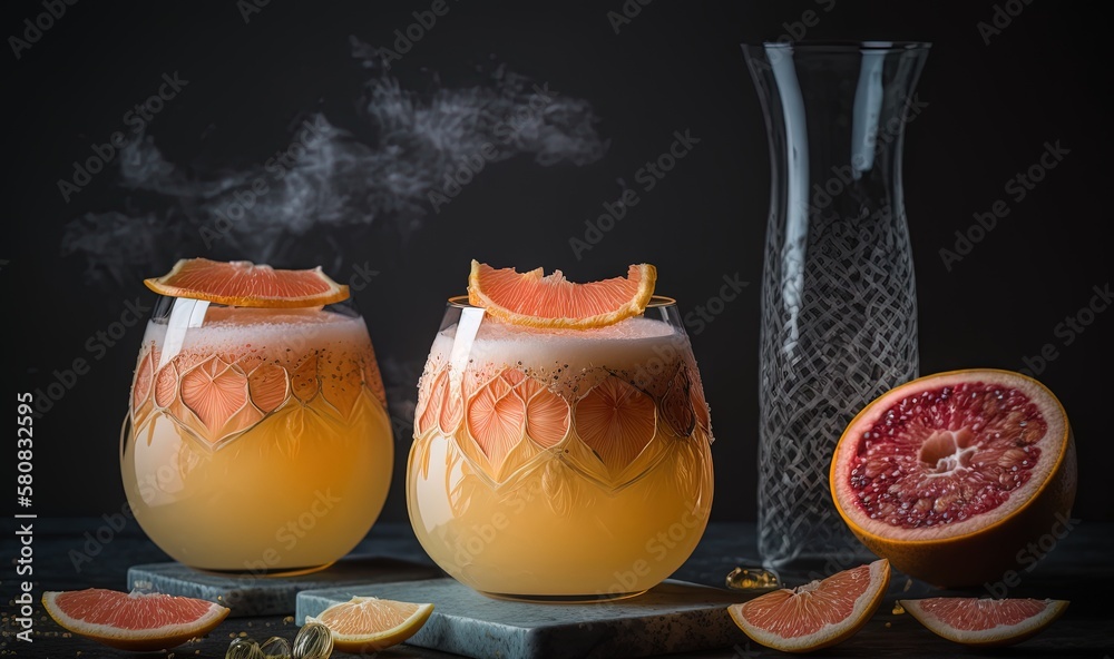  a couple of glasses filled with liquid next to some sliced grapefruits and a glass of water with st