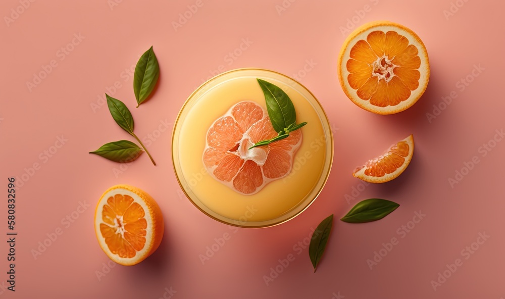  a pink background with oranges cut in half and green leaves on top of it and on the bottom of the o