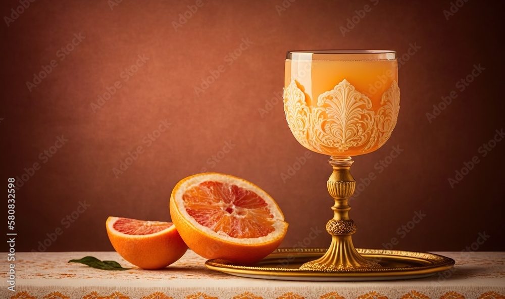  a glass of orange juice next to a grapefruit on a tray on top of a tablecloth with a pattern on the