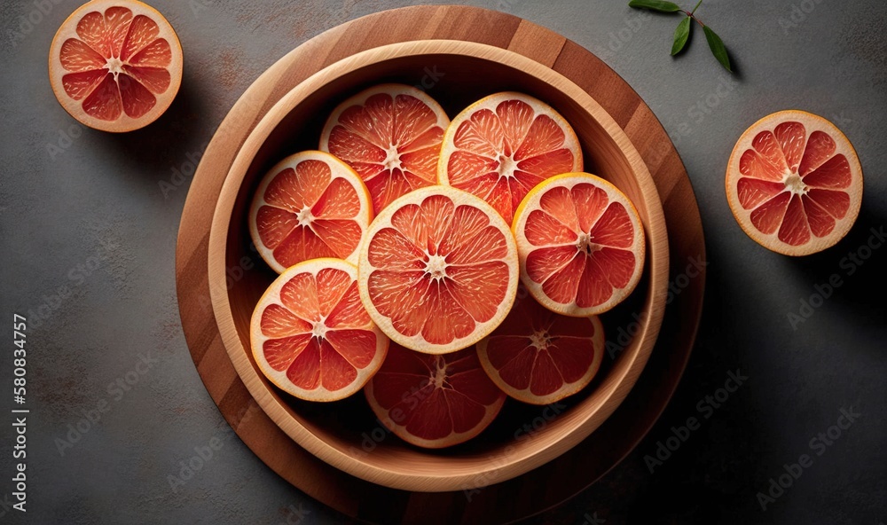  a wooden bowl filled with sliced grapefruits on top of a table next to a couple of slices of grapef