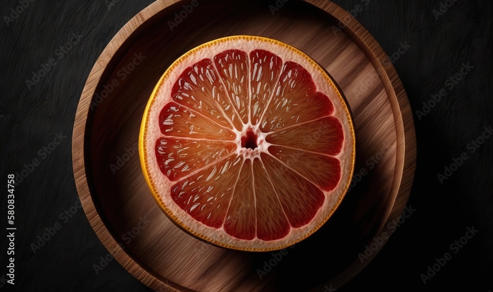  a grapefruit cut in half in a wooden bowl on a black background with a black background and a woode