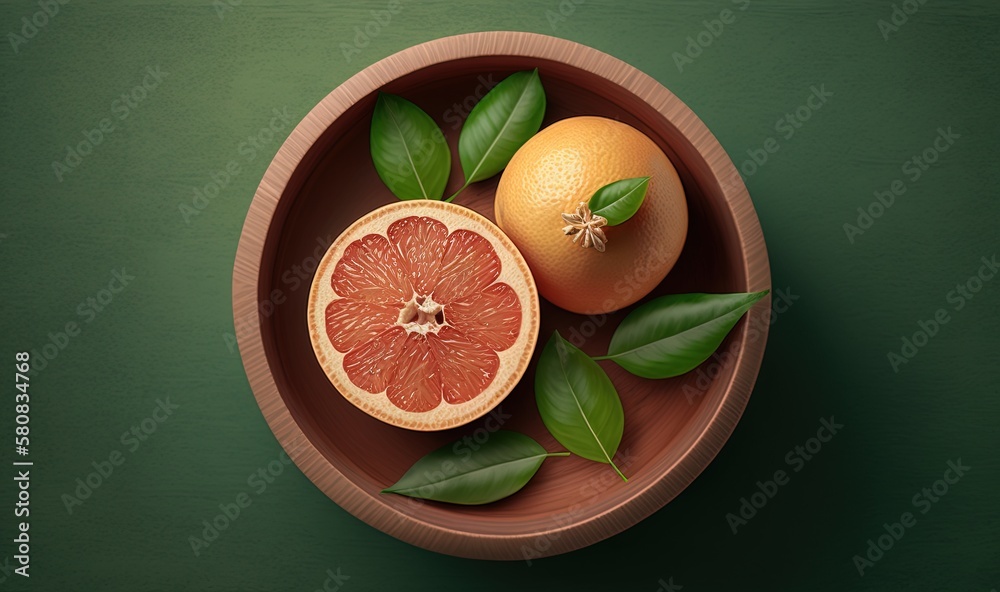  a grapefruit and oranges in a bowl with green leaves on a green background with a green background 