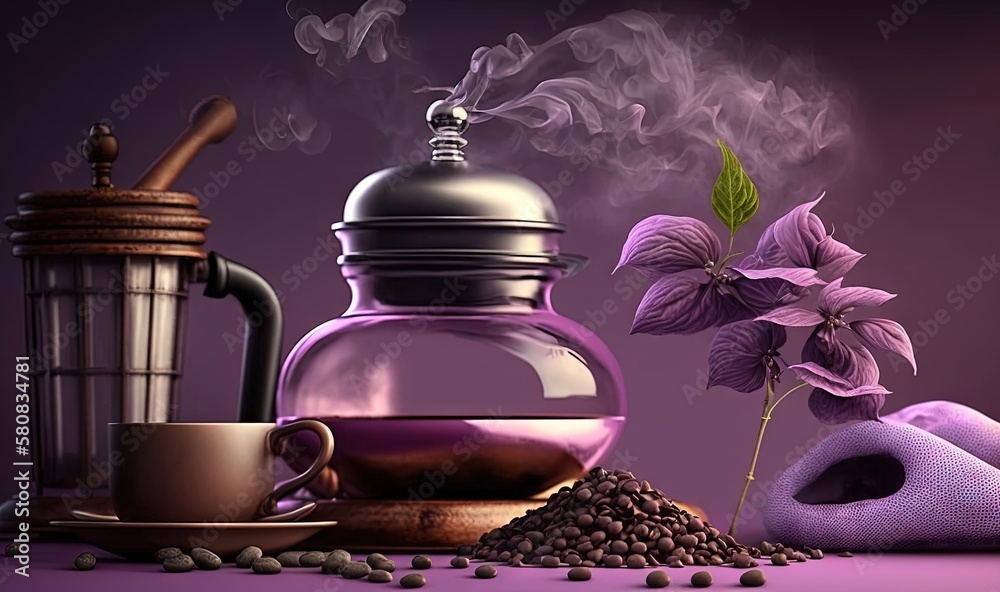  a still life scene with a coffee pot, a cup of coffee, a tea bag, and a flower on a purple backgrou