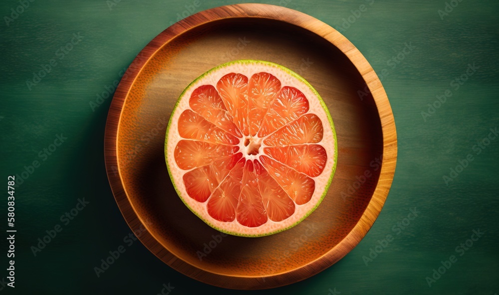  a grapefruit cut in half in a wooden bowl on a green surface with a green wall in the backgrouf of 