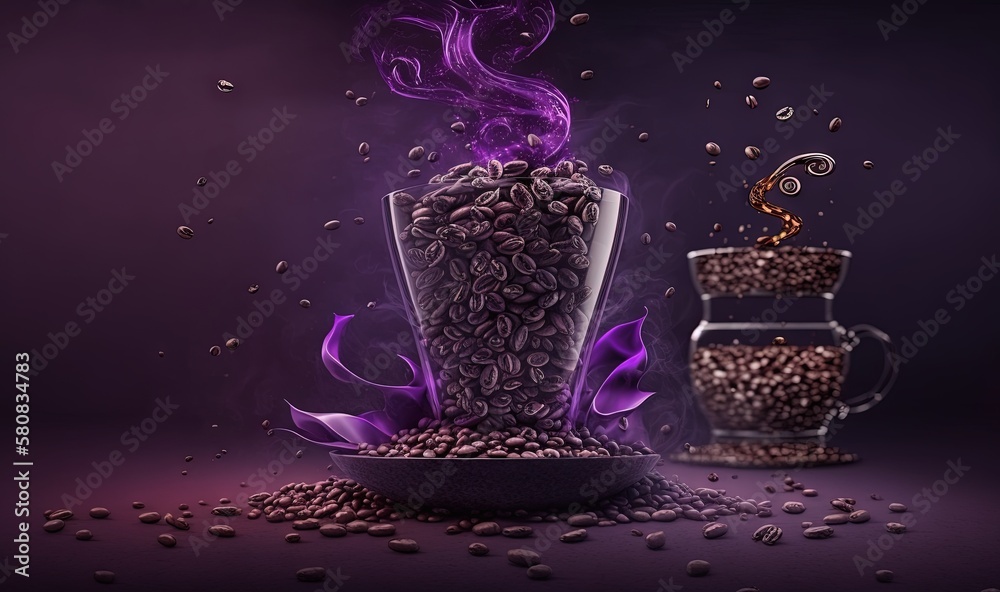  a blender filled with coffee beans and a purple smoke coming out of the top of its container and a