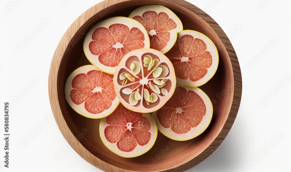  a wooden bowl filled with sliced grapefruits on top of a white table top next to a wooden bowl of c