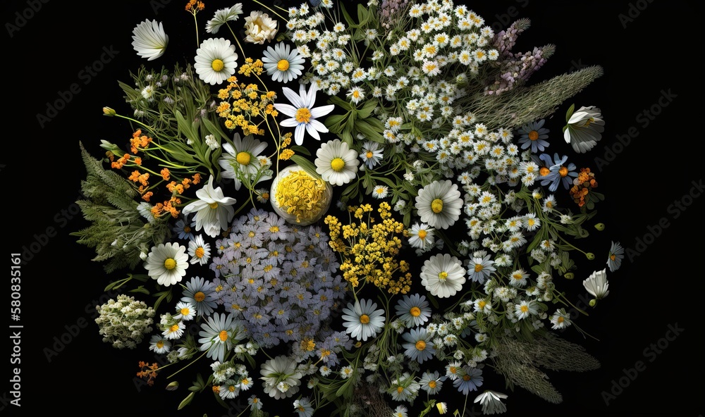  a bouquet of wildflowers and daisies arranged in a circle on a black background with a black backgr