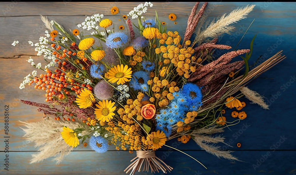  a bouquet of wildflowers and grasses on a blue wooden surface with a blue wooden wall in the backro