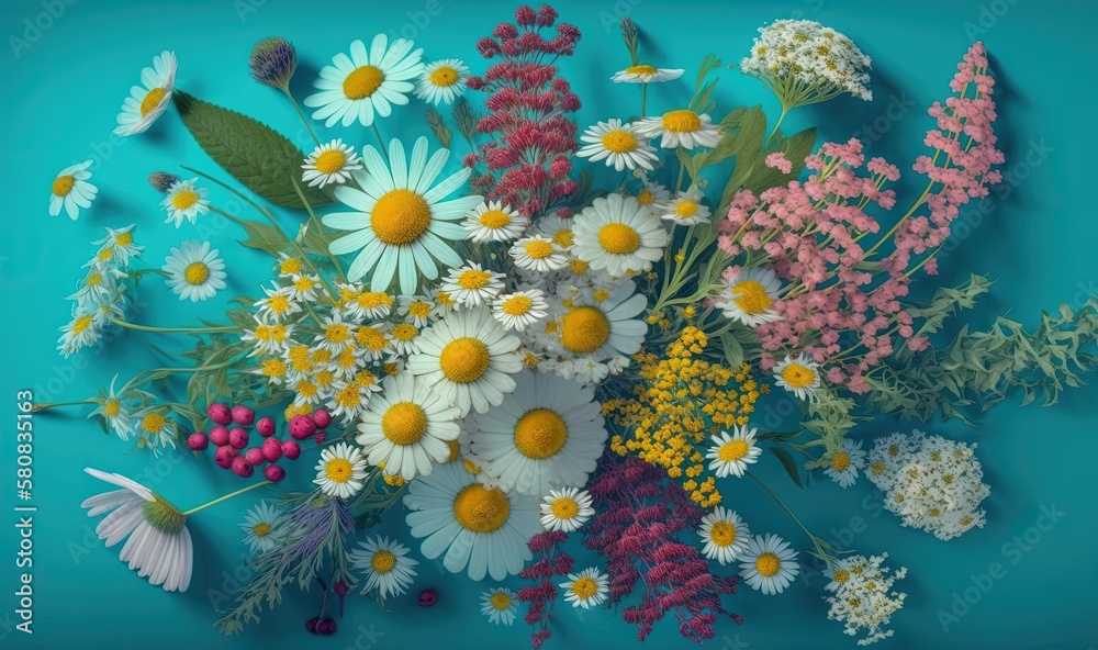  a bunch of flowers that are on a blue surface with leaves and flowers in the middle of the picture,