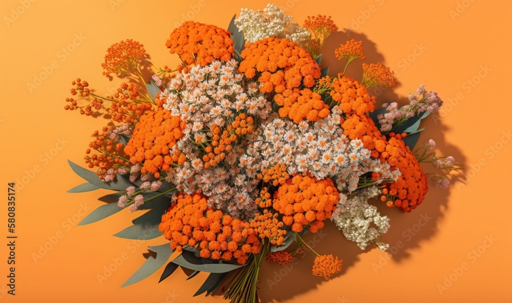  a bouquet of orange and white flowers on an orange background with green leaves and flowers in the 