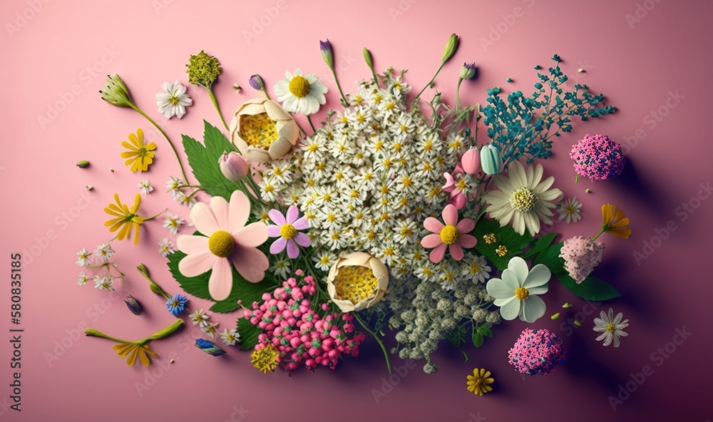  a bouquet of flowers on a pink background with a shadow of the flowers in the center of the image a